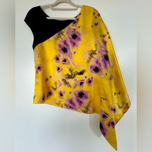 NWOT Karen Millen 100% Silk Asymmetrical Floral Top Yellow Purple Black Size 6